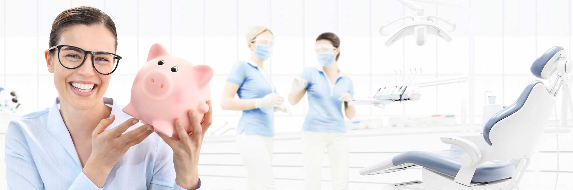 Sale eye examination, woman smiling with spectacles and piggy bank